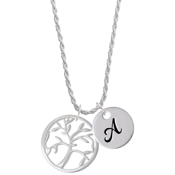Delight Jewelry Silvertone Tree of Life in Circle Silvertone Script Initial Disc - A - Charm Necklace, 20"+3"