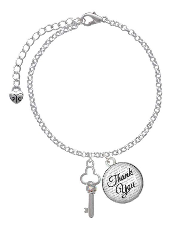 Silvertone Trefoil Key with AB Crystals - Domed Thank You Charm Bracelet, 6"+2"