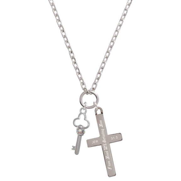 Delight Jewelry Silvertone Trefoil Key with AB Crystals Everlasting Love Engraved Cross Zoey Necklace, 28"