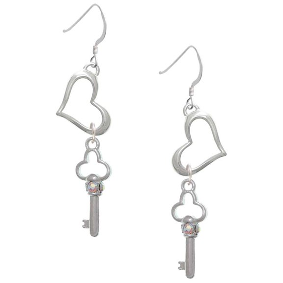 Delight Jewelry Silvertone Trefoil Key with AB Crystals Open Heart French Earrings