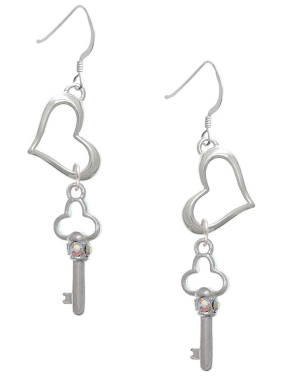 Silvertone Trefoil Key with AB Crystals Open Heart French Earrings