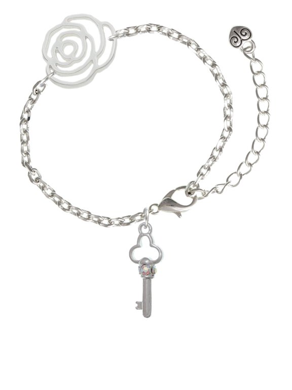 Silvertone Trefoil Key with AB Crystals Silver-tone Flower Link Chain Bracelet, 6.75"+2" Extender