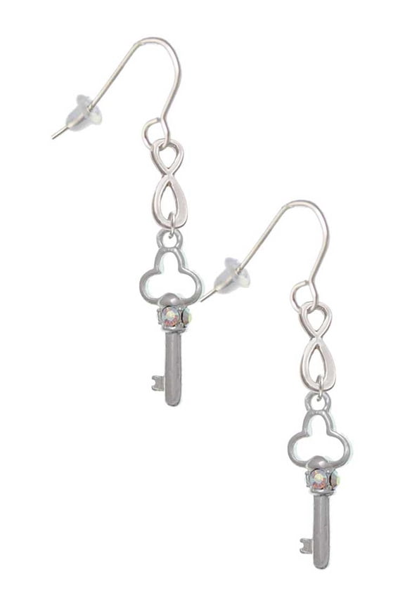Silvertone Trefoil Key with AB Crystals Silver tone Infinity French Earrings