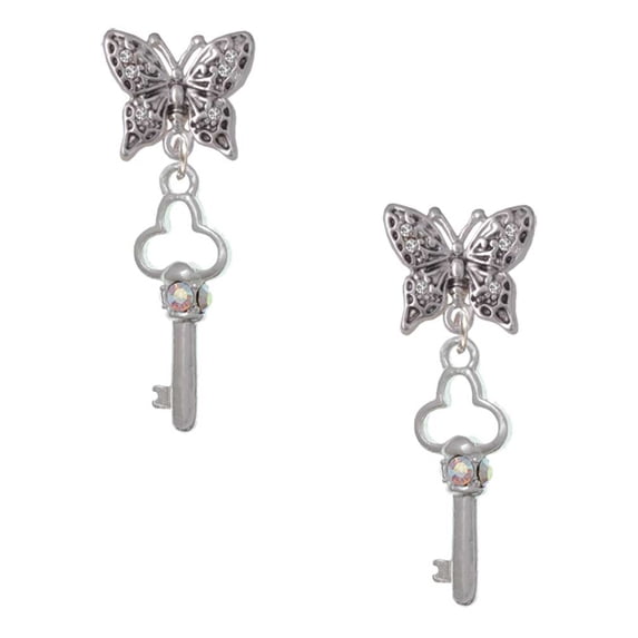 Delight Jewelry Silvertone Trefoil Key with AB Crystals Silvertone Antiqued Butterfly Post Earrings