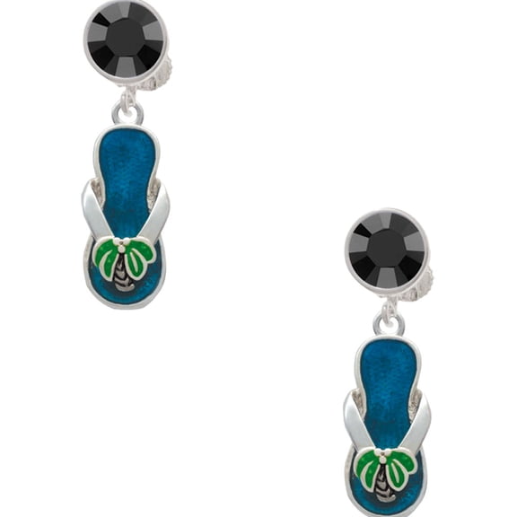 Delight Jewelry Silvertone Tropical Blue Flip Flop with Palm Tree Black Crystal Clip on Earrings