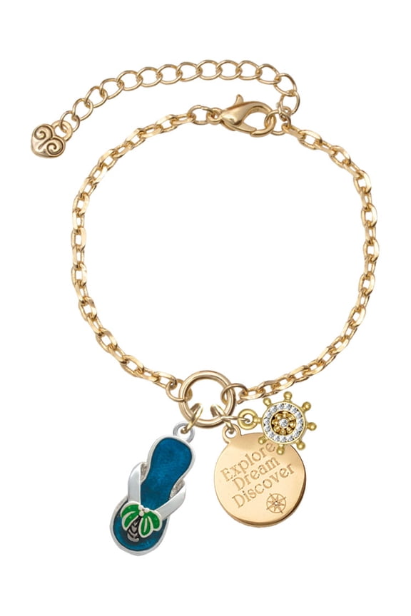 Silvertone Tropical Blue Flip Flop with Palm Tree Goldtone Discover Dream Explore Zoey Charm Bracelet, 6.5+2" Extender