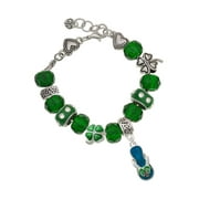 DELIGHT JEWELRY Silvertone Tropical Blue Flip Flop with Palm Tree - Green Irish Luck Bead Charm Bracelet, 7.5"