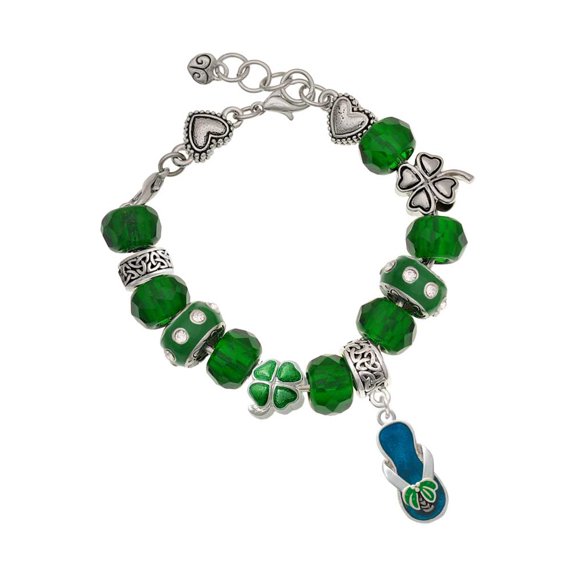 Delight Jewelry Silvertone Tropical Blue Flip Flop with Palm Tree - Green Irish Luck Bead Charm Bracelet, 7.5"