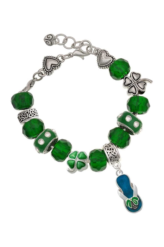 Silvertone Tropical Blue Flip Flop with Palm Tree - Green Irish Luck Bead Charm Bracelet, 7.5"