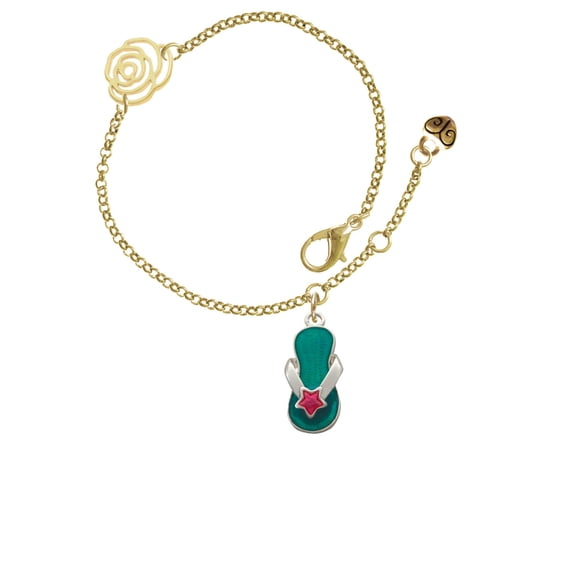 Delight Jewelry Silvertone Tropical Blue Flip Flop with Pink Star Gold-tone Rose Link Chain Bracelet, 6.25"+1.75" Extender