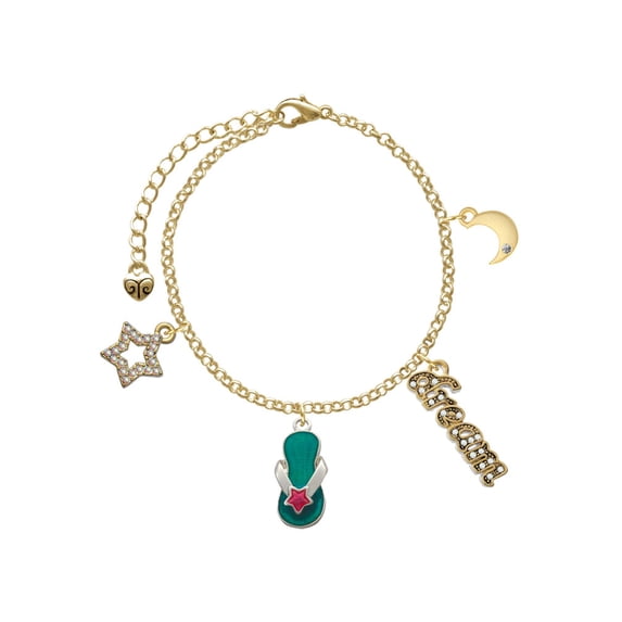 Delight Jewelry Silvertone Tropical Blue Flip Flop with Pink Star Goldtone Dream Big Charm Bracelet, 7.5+2" Extender