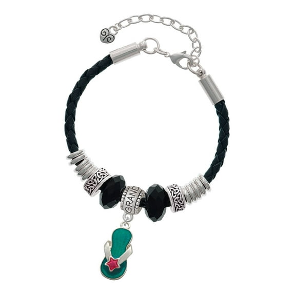 Delight Jewelry Silvertone Tropical Blue Flip Flop with Pink Star Granddaughter Celtic Knot Leather Bead Bracelet, 7"+2" Extender