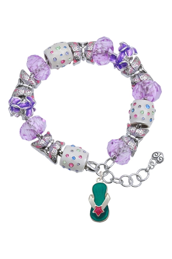Silvertone Tropical Blue Flip Flop with Pink Star Purple Butterfly Bead Charm Bracelet, 7"+1" Extender