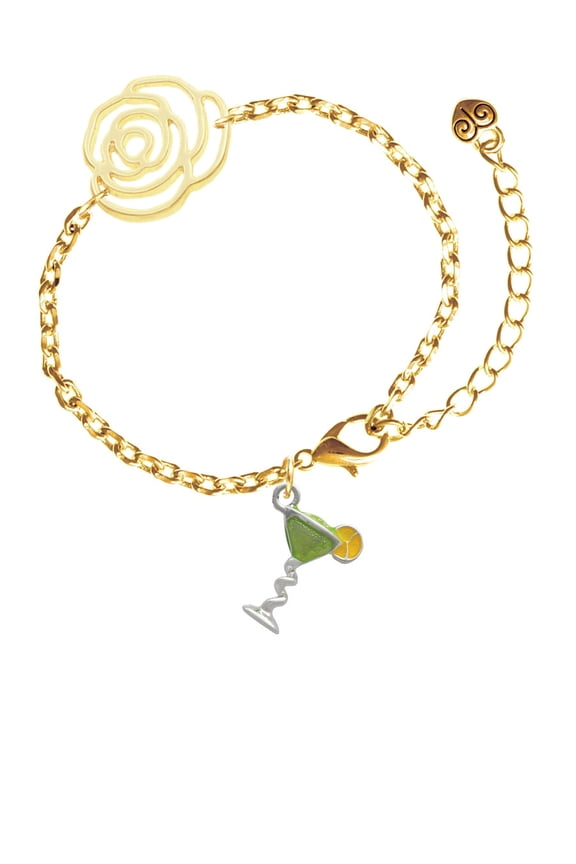 Silvertone Tropical Drink - Lime Green Gold-tone Flower Link Chain Bracelet, 6.75"+2" Extender