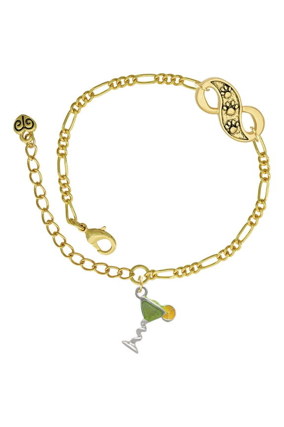 Silvertone Tropical Drink - Lime Green Gold-tone Paw Infinity Link Chain Bracelet, 6"+2" Extender