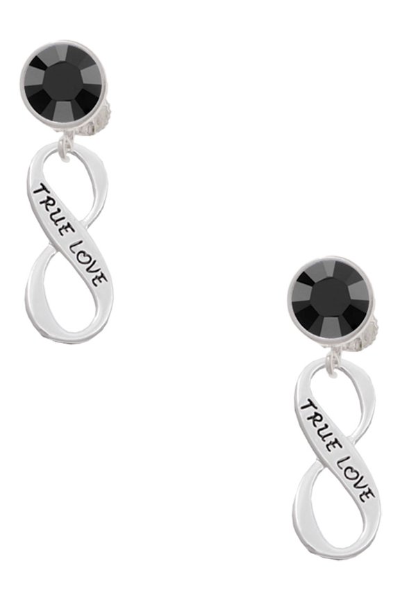 Silvertone True Love Infinity Sign Black Crystal Clip on Earrings