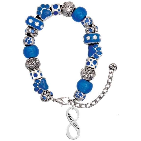 Delight Jewelry Silvertone True Love Infinity Sign Blue Paw Print Bead Bracelet, 7"+2"
