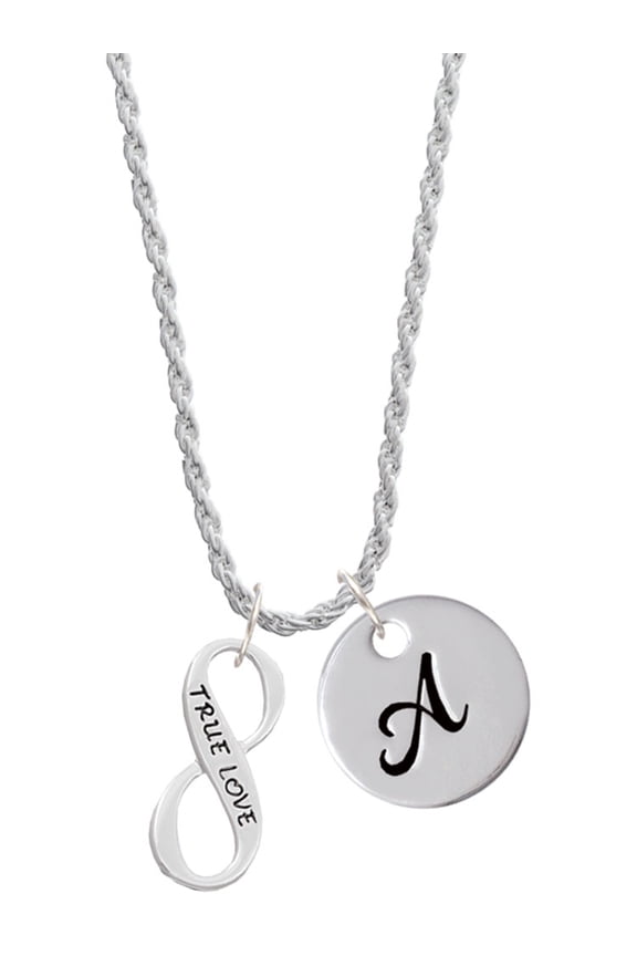 Silvertone True Love Infinity Sign Silvertone Script Initial Disc - A - Charm Necklace, 20"+3"