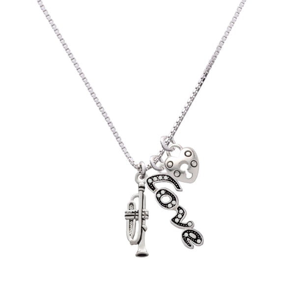 Delight Jewelry Silvertone Trumpet - Love and Lock Charm Necklace, 18"+1"