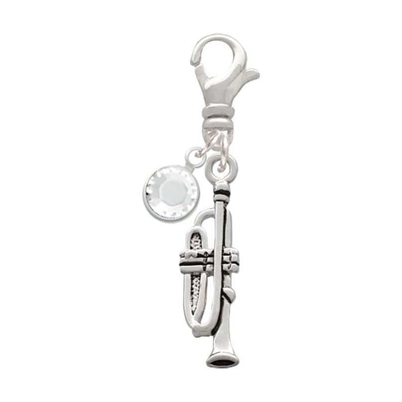 Delight Jewelry Silvertone Trumpet - Silvertone Clip on Charm with Clear Crystal Drop