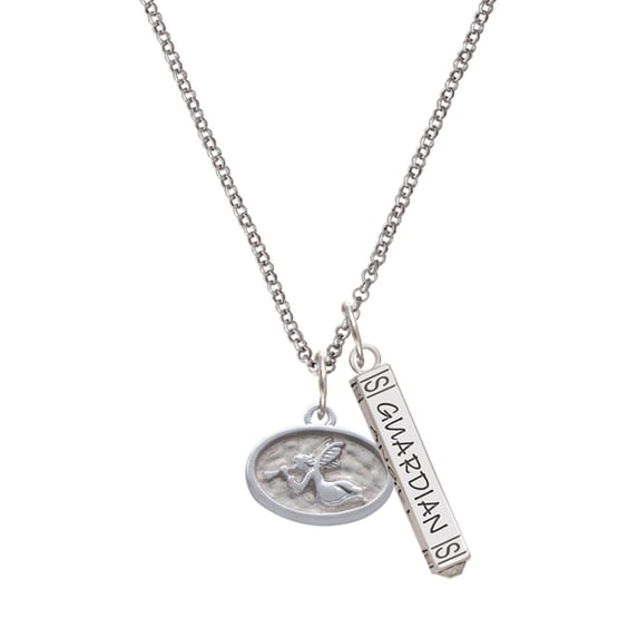 Delight Jewelry Silvertone Trumpeter Angel - Oval Seal Silvertone Guardian Angel Bar Charm Necklace, 23"