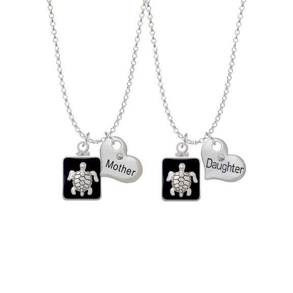 Delight Jewelry Silvertone Turtle on Black Frame Mother & Daughter Heart Necklaces (Set of 2), 19"+2"