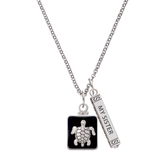 Delight Jewelry Silvertone Turtle on Black Frame Silvertone Always My Sister Bar Charm Necklace, 23"