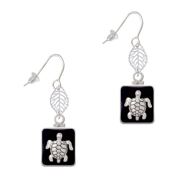 Delight Jewelry Silvertone Turtle on Black Frame Silvertone Leaf French Earrings