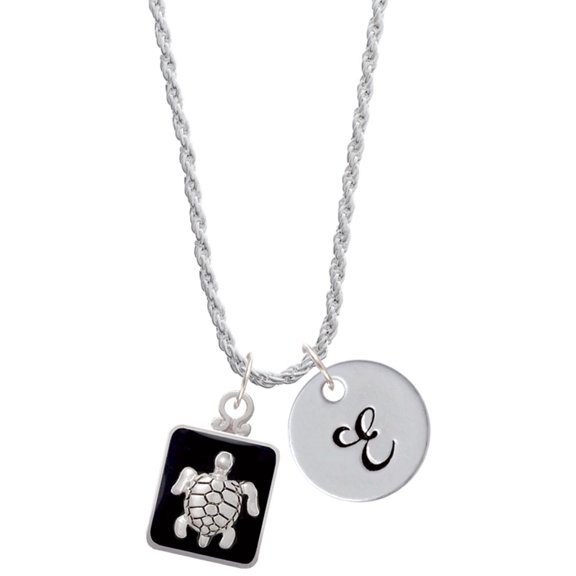 Delight Jewelry Silvertone Turtle on Black Frame Silvertone Script Initial Disc - E - Charm Necklace, 20"+3"