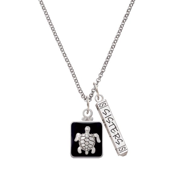 Delight Jewelry Silvertone Turtle on Black Frame Silvertone Sisters Best Friends Forever Bar Charm Necklace, 23"
