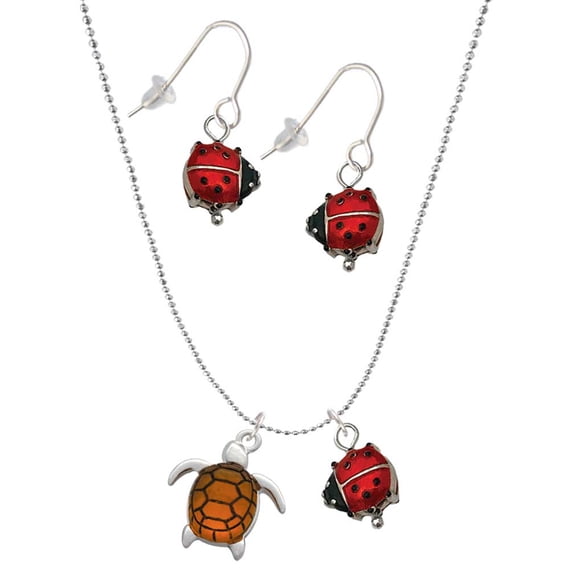 Delight Jewelry Silvertone Turtle with Resin Body Red Lucky Ladybug Necklace and Dangle Earrings Set
