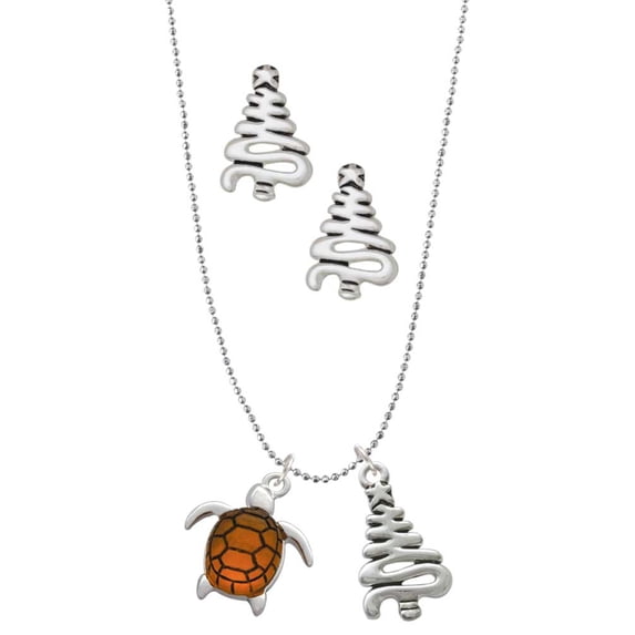 Delight Jewelry Silvertone Turtle with Resin Body Silver tone Zig Zag Christmas Tree Charm Necklace and Stud Earrings