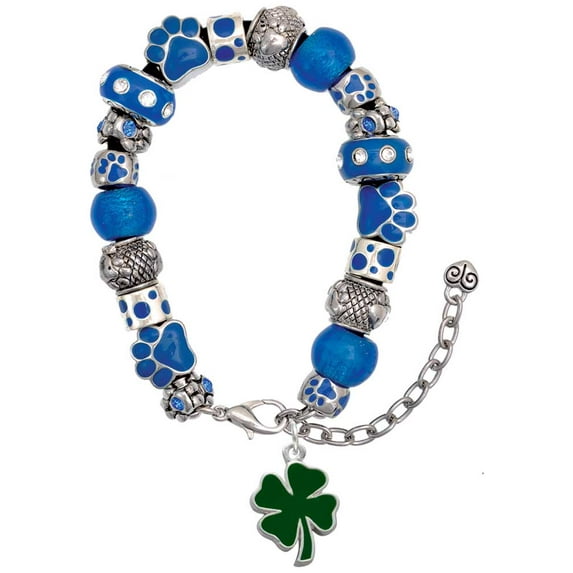 Delight Jewelry Silvertone Two Sided Green Enamel Lucky Four Leaf Clover Blue Paw Print Bead Bracelet, 7"+2"