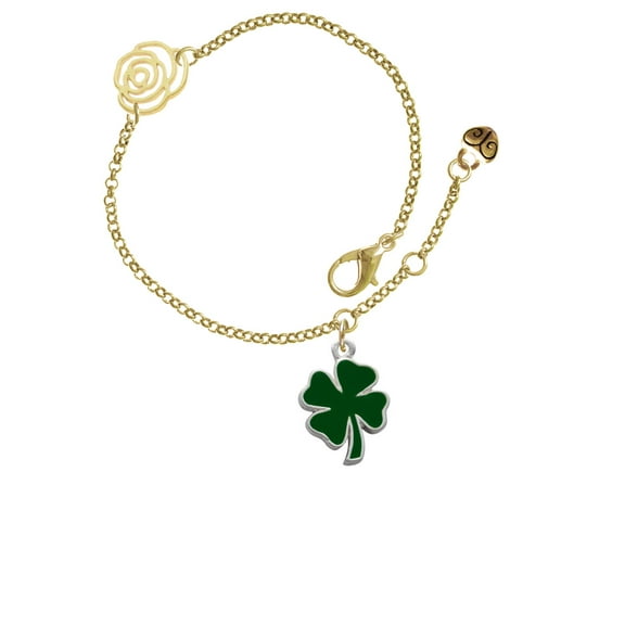 Delight Jewelry Silvertone Two Sided Green Enamel Lucky Four Leaf Clover Gold-tone Rose Link Chain Bracelet, 6.25"+1.75" Extender