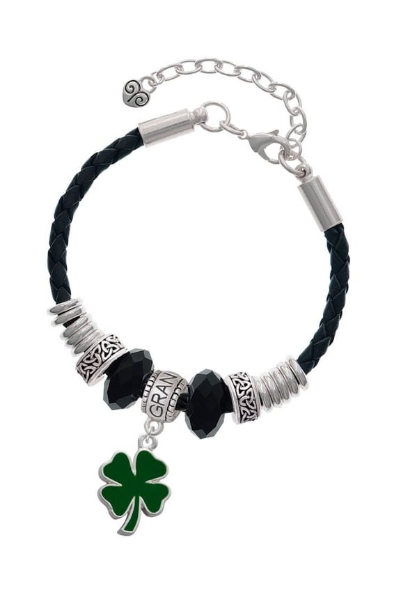Silvertone Two Sided Green Enamel Lucky Four Leaf Clover Grandmother Celtic Knot Leather Bead Bracelet, 7"+2" Extender