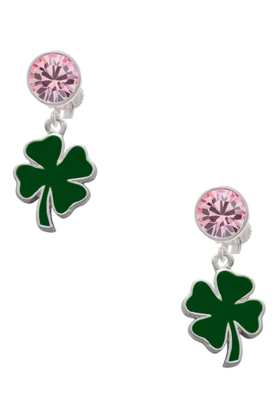 Silvertone Two Sided Green Enamel Lucky Four Leaf Clover Pink Crystal Clip on Earrings