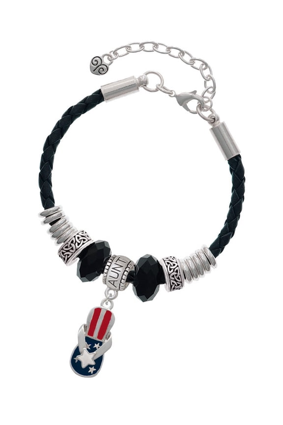 Silvertone USA Patriotic Flip Flop with White Star Aunt Celtic Knot Leather Bead Bracelet, 7"+2" Extender