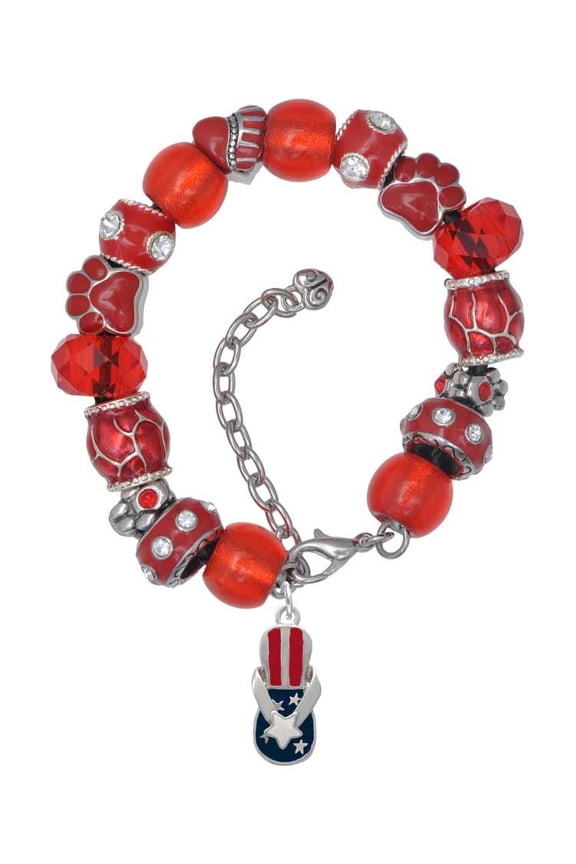 Silvertone USA Patriotic Flip Flop with White Star Red Paw Print Bead Bracelet, 7"+2"