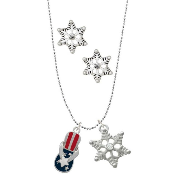Delight Jewelry Silvertone USA Patriotic Flip Flop with White Star Silver tone Snowflake Charm Necklace and Stud Earrings