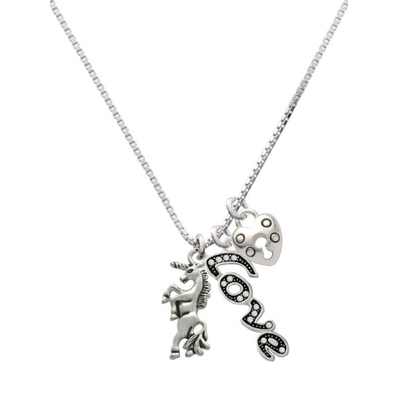 Delight Jewelry Silvertone Unicorn - Love and Lock Charm Necklace, 18"+1"