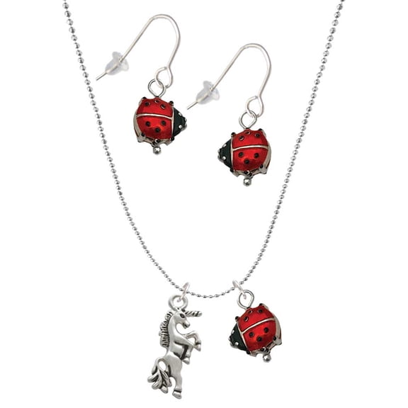 Delight Jewelry Silvertone Unicorn Red Lucky Ladybug Necklace and Dangle Earrings Set