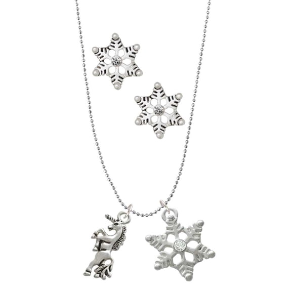 Delight Jewelry Silvertone Unicorn Silver tone Snowflake Charm Necklace and Stud Earrings