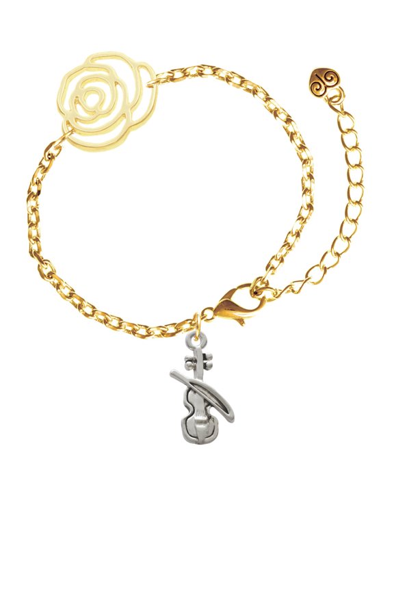 Silvertone Violin Gold-tone Flower Link Chain Bracelet, 6.75"+2" Extender