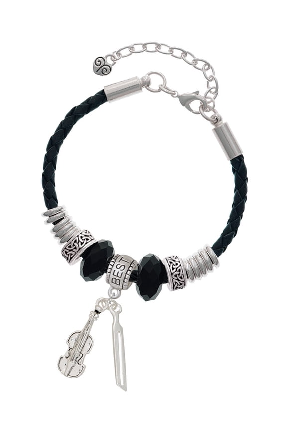 Silvertone Violin and Bow Best Friend Celtic Knot Leather Bead Bracelet, 7"+2" Extender