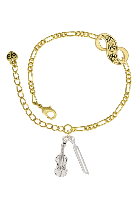 Silvertone Violin and Bow Gold-tone Paw Infinity Link Chain Bracelet, 6"+2" Extender