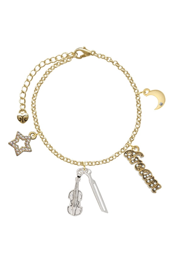 Silvertone Violin and Bow Goldtone Dream Big Charm Bracelet, 7.5+2" Extender
