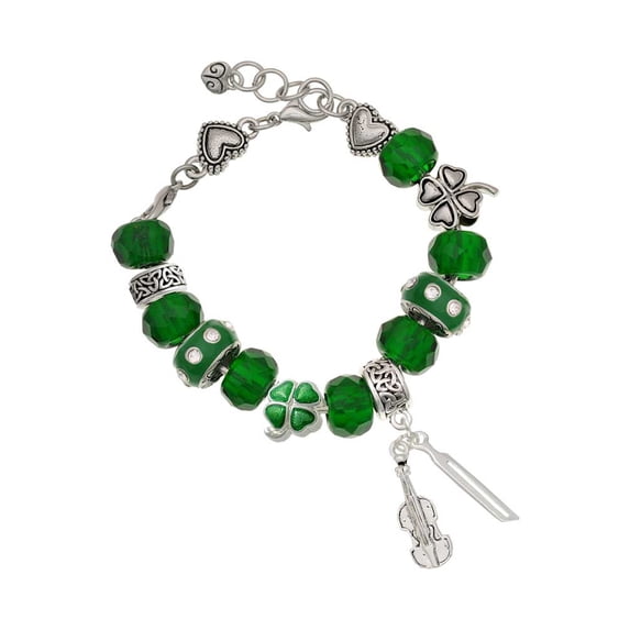 Delight Jewelry Silvertone Violin and Bow - Green Irish Luck Bead Charm Bracelet, 7.5"