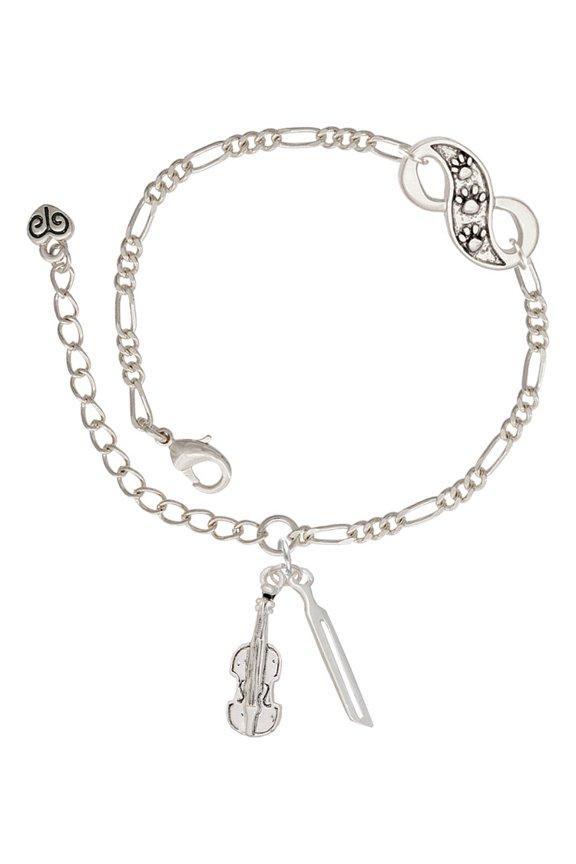 Silvertone Violin and Bow Silver-tone Paw Infinity Link Chain Bracelet, 6"+2" Extender