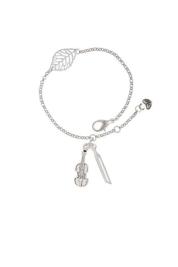 Silvertone Violin and Bow - Silvertone Leaf Delicate Bracelet, 6.25+1.75"