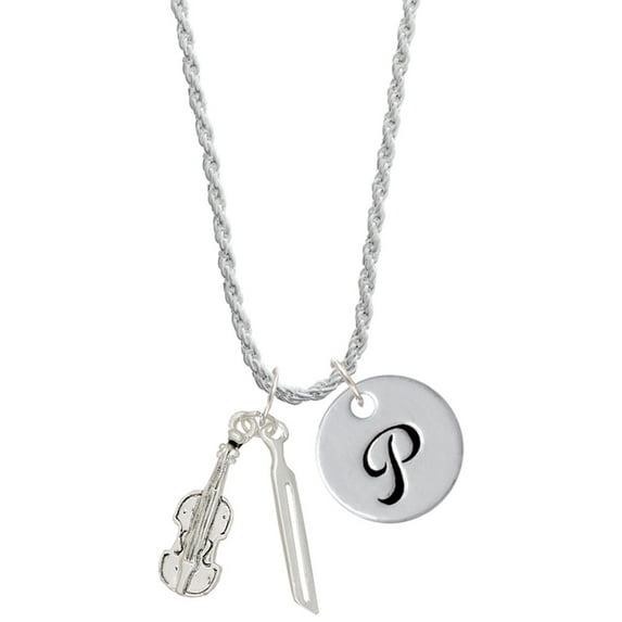 Delight Jewelry Silvertone Violin and Bow Silvertone Script Initial Disc - P - Charm Necklace, 20"+3"